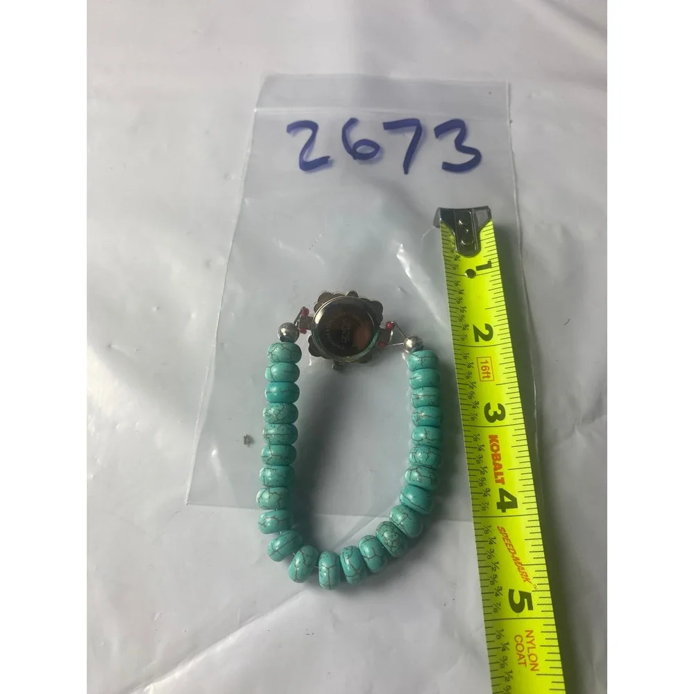Geneva Turquoise Beaded Stretch Bracelet Watch Boho Silver Tone Analog Quartz